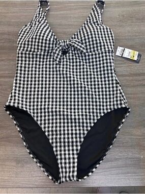 Black & White Gingham One-Piece Swimsuit with Front Tie